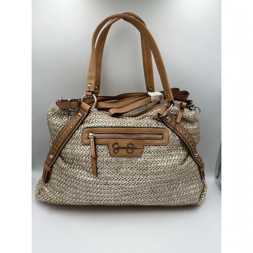 Jessica Simpson Christina Satchel Shoulder Bag Tan Straw Faux Leather Tassel NWT